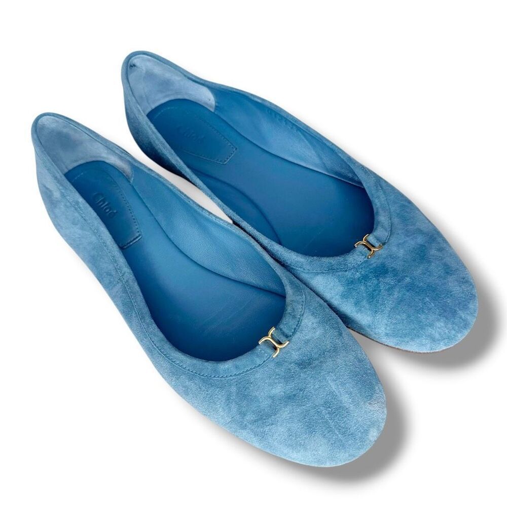 Chlo Marcie Blue Suede Ballerina Flats Small Gold Logo Womenâs Size 36.5 (Us 6)